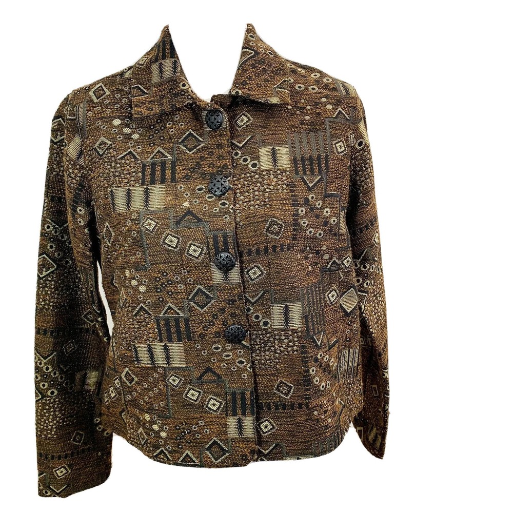 Chicos 0 Blazer Jacket Small Brown Southwestern Print Button Long Sleeve Woven